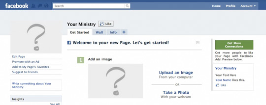 A screen shot of a fresh, blank Facebook page for "Your Ministry"