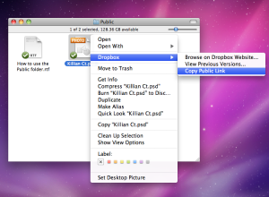 A screenshot of a Mac user copying a public link from Dropbox